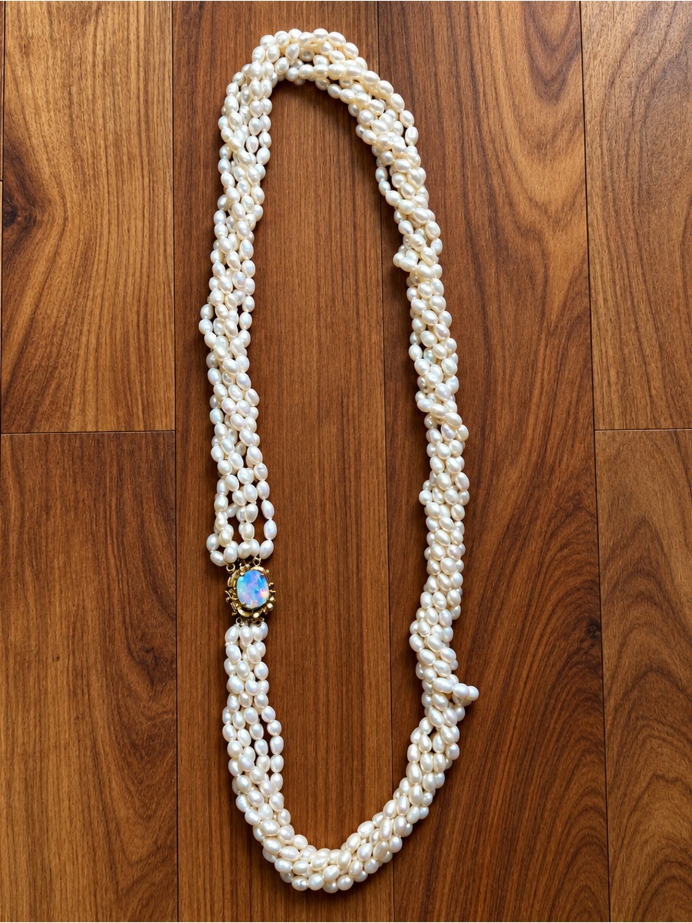 14k Genuine Opal Clasp Multi-Strand Genuine Pearl Necklace 20”